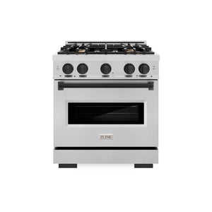 ZLINE Autograph Edition 30 in. 4.2 cu. ft. Classic Gas Range with 4 Burner Cooktop and Convection Gas Oven in Stainless Steel and Matte Black Accents (CGRZ-30-MB) front, oven closed.