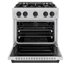 ZLINE Autograph Edition 30 in. 4.2 cu. ft. Classic Gas Range with 4 Burner Cooktop and Convection Gas Oven in Stainless Steel and Matte Black Accents (CGRZ-30-MB) front, oven open.