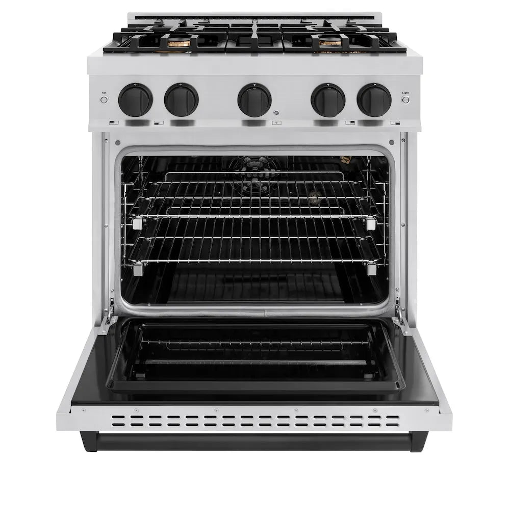 ZLINE Autograph Edition 30 in. 4.2 cu. ft. Classic Gas Range with 4 Burner Cooktop and Convection Gas Oven in Stainless Steel and Matte Black Accents (CGRZ-30-MB) front, oven open.