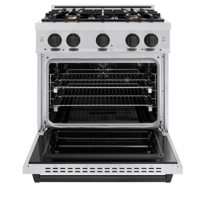 ZLINE Autograph Edition 30 in. 4.2 cu. ft. Classic Gas Range with 4 Burner Cooktop and Convection Gas Oven in Stainless Steel and Matte Black Accents (CGRZ-30-MB) front, oven open.