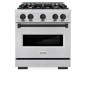 ZLINE Autograph Edition 30 in. 4.2 cu. ft. Classic Gas Range with 4 Burner Cooktop and Convection Gas Oven in Stainless Steel and Matte Black Accents (CGRZ-30-MB) front, oven closed.