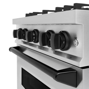 ZLINE Autograph Edition 30 in. 4.2 cu. ft. Classic Gas Range with 4 Burner Cooktop and Convection Gas Oven in Stainless Steel and Matte Black Accents (CGRZ-30-MB) oven door slightly open showing handle detail.