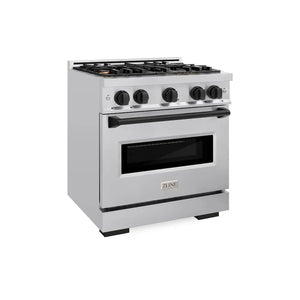 ZLINE Autograph Edition 30 in. 4.2 cu. ft. Classic Gas Range with 4 Burner Cooktop and Convection Gas Oven in Stainless Steel and Matte Black Accents (CGRZ-30-MB) main image.