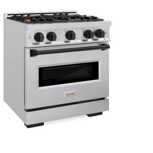 ZLINE Autograph Edition 30 in. 4.2 cu. ft. Classic Gas Range with 4 Burner Cooktop and Convection Gas Oven in Stainless Steel and Matte Black Accents (CGRZ-30-MB) side, oven closed.