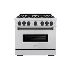 ZLINE Autograph Edition 36 in. 5.2 cu. ft. Classic Gas Range with 6 Burner Cooktop and Convection Gas Oven in Stainless Steel and Matte Black Accents (CGRZ-36-MB) front, oven closed.