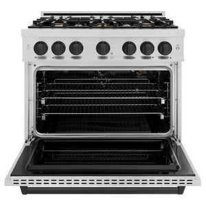 ZLINE Autograph Edition 36 in. 5.2 cu. ft. Classic Gas Range with 6 Burner Cooktop and Convection Gas Oven in Stainless Steel and Matte Black Accents (CGRZ-36-MB) front, oven open.