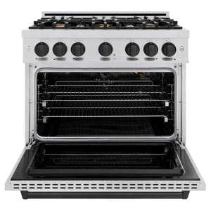 ZLINE Autograph Edition 36 in. 5.2 cu. ft. Classic Gas Range with 6 Burner Cooktop and Convection Gas Oven in Stainless Steel and Matte Black Accents (CGRZ-36-MB) front, oven open.
