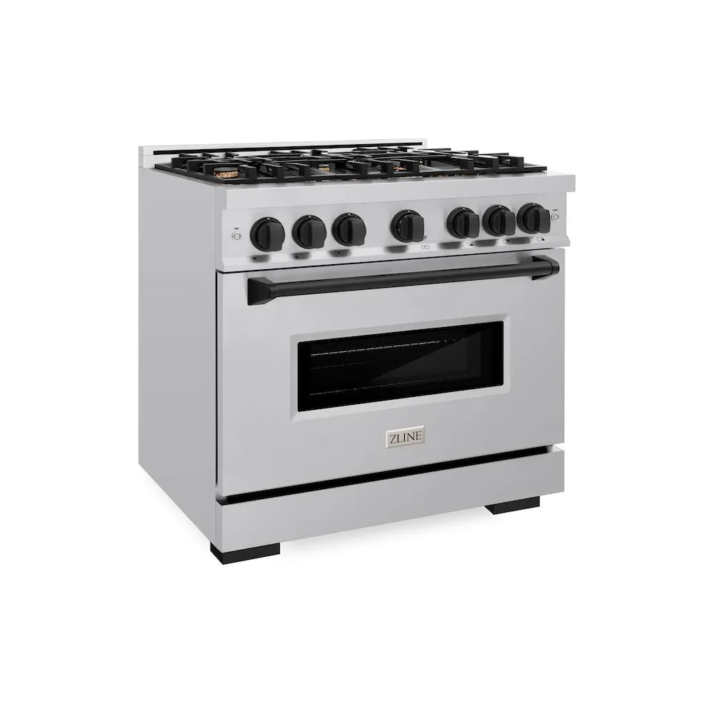 ZLINE Autograph Edition 36 in. 5.2 cu. ft. Classic Gas Range with 6 Burner Cooktop and Convection Gas Oven in Stainless Steel and Matte Black Accents (CGRZ-36-MB) main image.