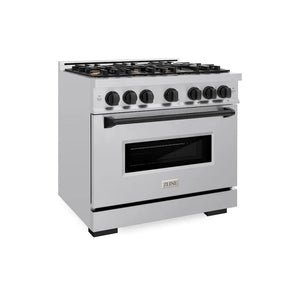 ZLINE Autograph Edition 36 in. 5.2 cu. ft. Classic Gas Range with 6 Burner Cooktop and Convection Gas Oven in Stainless Steel and Matte Black Accents (CGRZ-36-MB) main image.