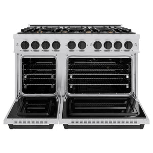 ZLINE Autograph Edition 48 in. 6.7 cu. ft. Classic Double Oven Gas Range with 8 Burner Cooktop in Stainless Steel and Matte Black Accents (CGRZ-48-MB) front, oven open.