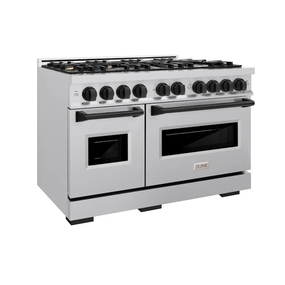 ZLINE Autograph Edition 48 in. 6.7 cu. ft. Classic Double Oven Gas Range with 8 Burner Cooktop in Stainless Steel and Matte Black Accents (CGRZ-48-MB) main image.