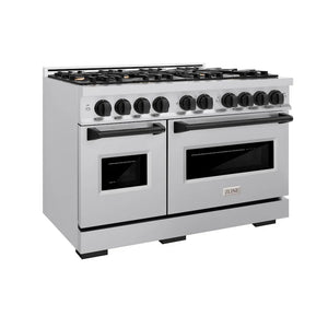 ZLINE Autograph Edition 48 in. 6.7 cu. ft. Classic Double Oven Gas Range with 8 Burner Cooktop in Stainless Steel and Matte Black Accents (CGRZ-48-MB) main image.