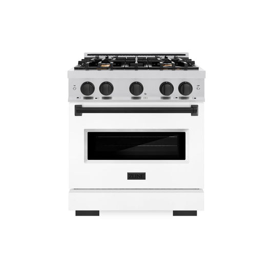 ZLINE Autograph Edition 30 in. 4.2 cu. ft. Classic Gas Range with 4 Burner Cooktop and Convection Gas Oven in Stainless Steel with White Matte Door and Matte Black Accents (CGRZ-WM-30-MB) front, oven closed.