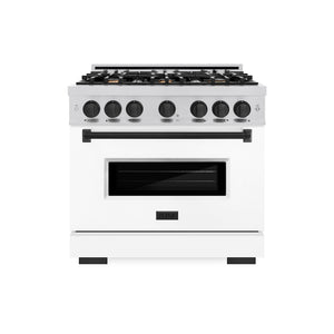 ZLINE Autograph Edition 36 in. 5.2 cu. ft. Classic Gas Range with 6 Burner Cooktop and Convection Gas Oven in Stainless Steel with White Matte Door and Matte Black Accents (CGRZ-WM-36-MB)