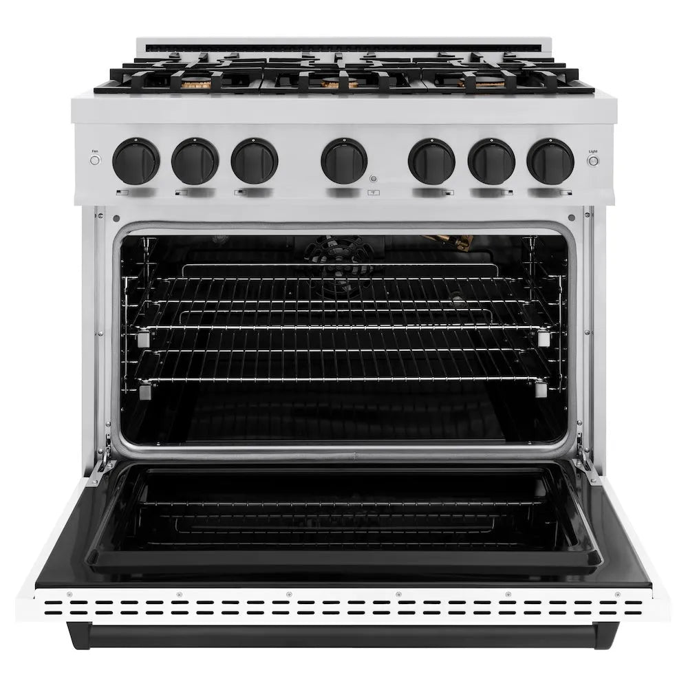 ZLINE Autograph Edition 36 in. 5.2 cu. ft. Classic Gas Range with 6 Burner Cooktop and Convection Gas Oven in Stainless Steel with White Matte Door and Matte Black Accents (CGRZ-WM-36-MB) front, oven open.