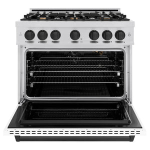 ZLINE Autograph Edition 36 in. 5.2 cu. ft. Classic Gas Range with 6 Burner Cooktop and Convection Gas Oven in Stainless Steel with White Matte Door and Matte Black Accents (CGRZ-WM-36-MB) front, oven open.