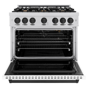 ZLINE Autograph Edition 36 in. 5.2 cu. ft. Classic Gas Range with 6 Burner Cooktop and Convection Gas Oven in Stainless Steel with White Matte Door and Matte Black Accents (CGRZ-WM-36-MB)