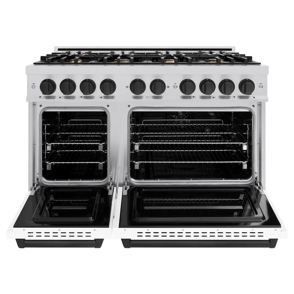 ZLINE Autograph Edition 48 in. 6.7 cu. ft. Classic Double Oven Gas Range with 8 Burner Cooktop in Stainless Steel with White Matte Doors and Matte Black Accents (CGRZ-WM-48-MB) front, oven open.
