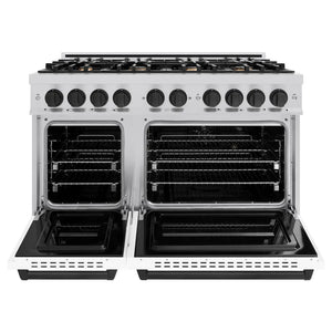 ZLINE Autograph Edition 48 in. 6.7 cu. ft. Classic Double Oven Gas Range with 8 Burner Cooktop in Stainless Steel with White Matte Doors and Matte Black Accents (CGRZ-WM-48-MB) front, oven open.