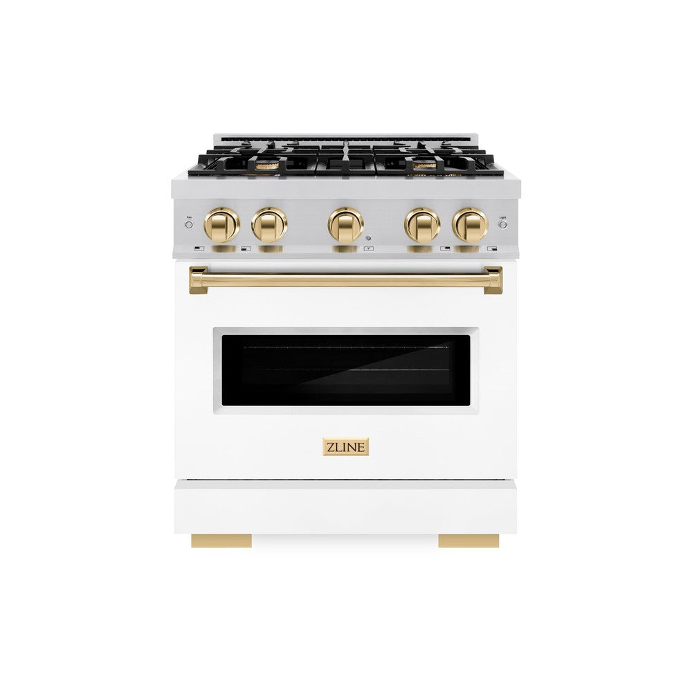 ZLINE Autograph Edition 30 in. 4.2 cu. ft. Classic Gas Range with 4 Burner Cooktop and Convection Gas Oven in DuraSnow® Stainless Steel with White Matte Door and Polished Gold Accents (CGRSZ-WM-30-G) front.