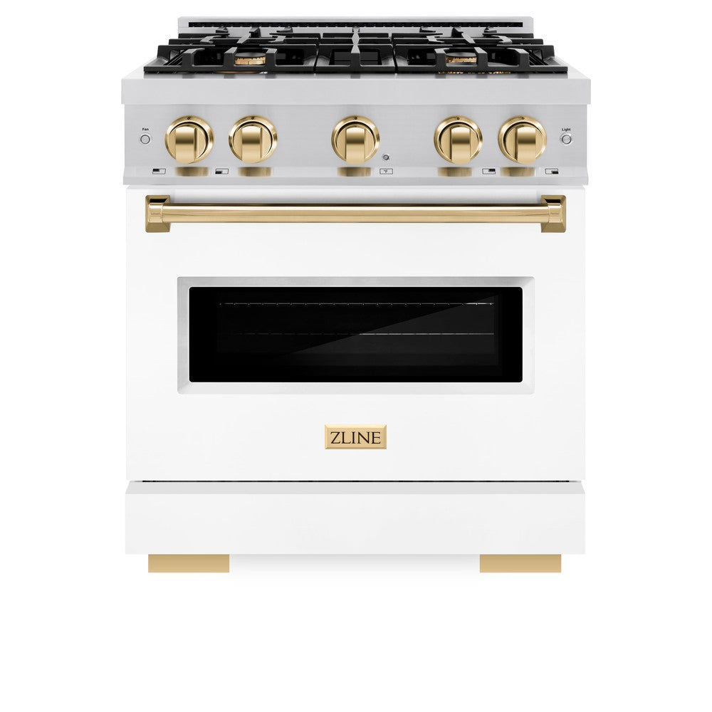 ZLINE Autograph Edition 30 in. 4.2 cu. ft. Classic Gas Range with 4 Burner Cooktop and Convection Gas Oven in DuraSnow® Stainless Steel with White Matte Door and Polished Gold Accents (CGRSZ-WM-30-G) front, closed.