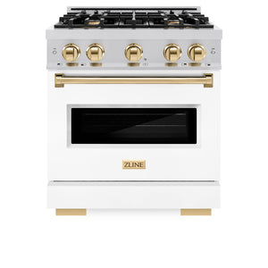 ZLINE Autograph Edition 30 in. 4.2 cu. ft. Classic Gas Range with 4 Burner Cooktop and Convection Gas Oven in DuraSnow® Stainless Steel with White Matte Door and Polished Gold Accents (CGRSZ-WM-30-G) front, closed.