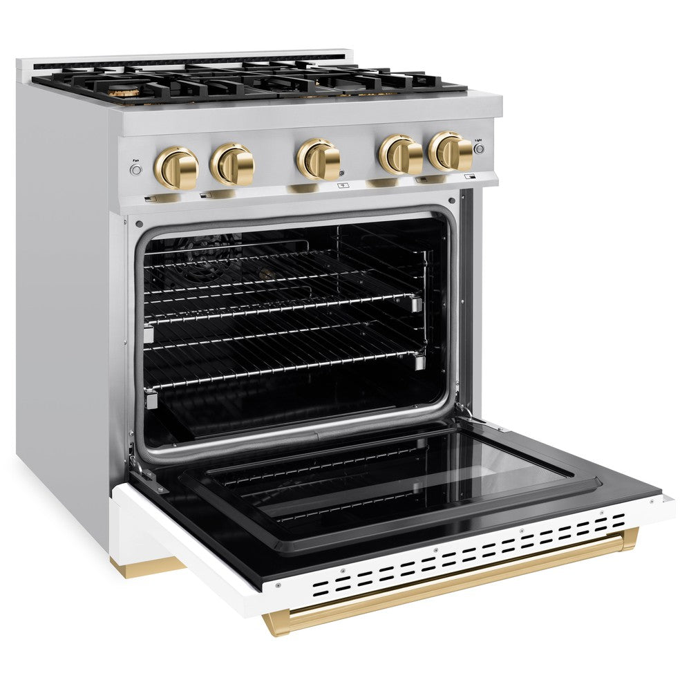 ZLINE Autograph Edition 30 in. 4.2 cu. ft. Classic Gas Range with 4 Burner Cooktop and Convection Gas Oven in DuraSnow® Stainless Steel with White Matte Door and Polished Gold Accents (CGRSZ-WM-30-G) side, open.