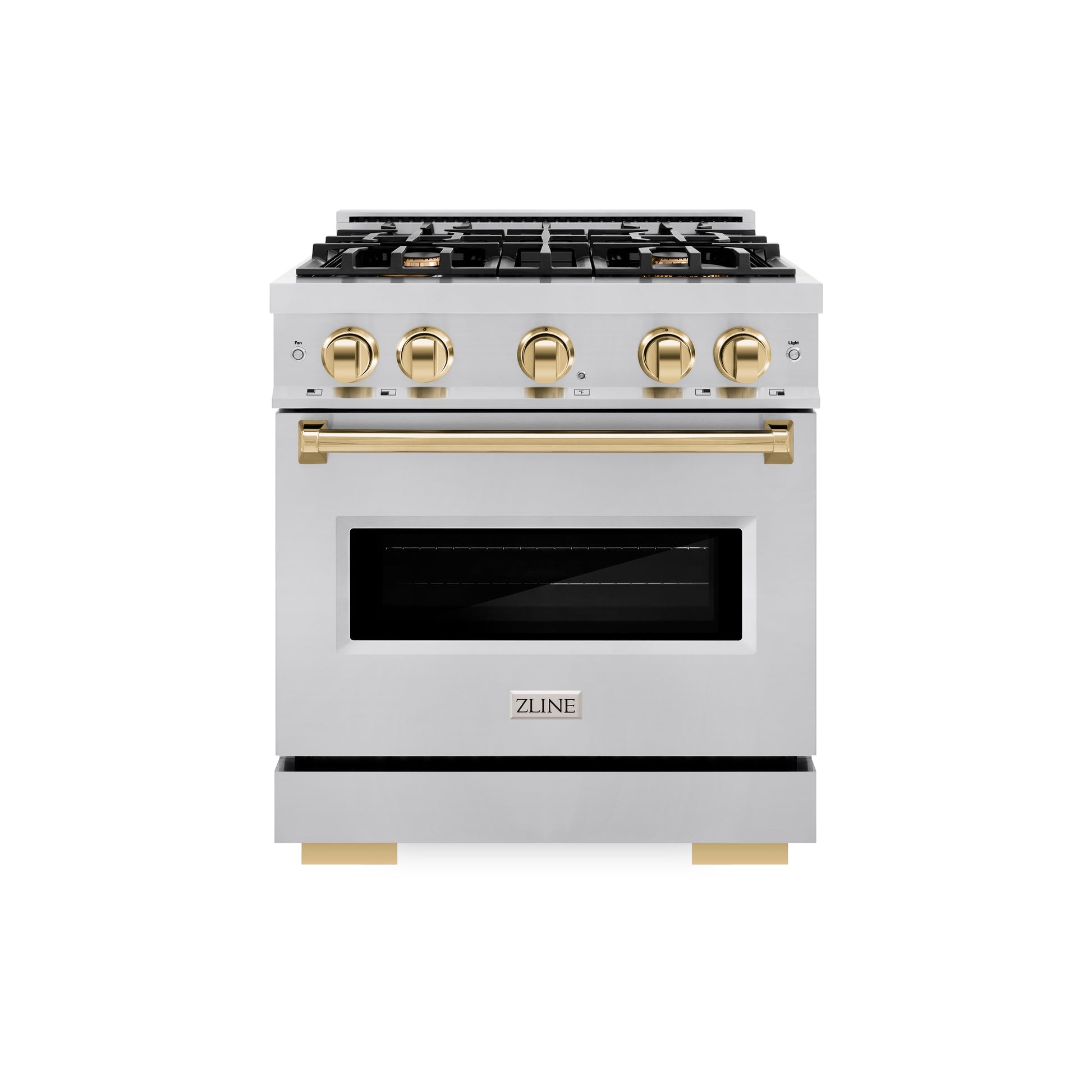 ZLINE Autograph Edition 30 in. 4.2 cu. ft. Classic Gas Range with 4 Burner Cooktop and Convection Gas Oven in Stainless Steel and Polished Gold Accents (CGRZ-30-G) front.