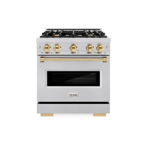 ZLINE Autograph Edition 30 in. 4.2 cu. ft. Classic Gas Range with 4 Burner Cooktop and Convection Gas Oven in Stainless Steel and Polished Gold Accents (CGRZ-30-G) front, oven closed.