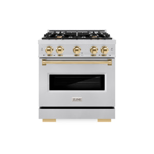 ZLINE Autograph Edition 30 in. 4.2 cu. ft. Classic Gas Range with 4 Burner Cooktop and Convection Gas Oven in Stainless Steel and Polished Gold Accents (CGRZ-30-G) front.