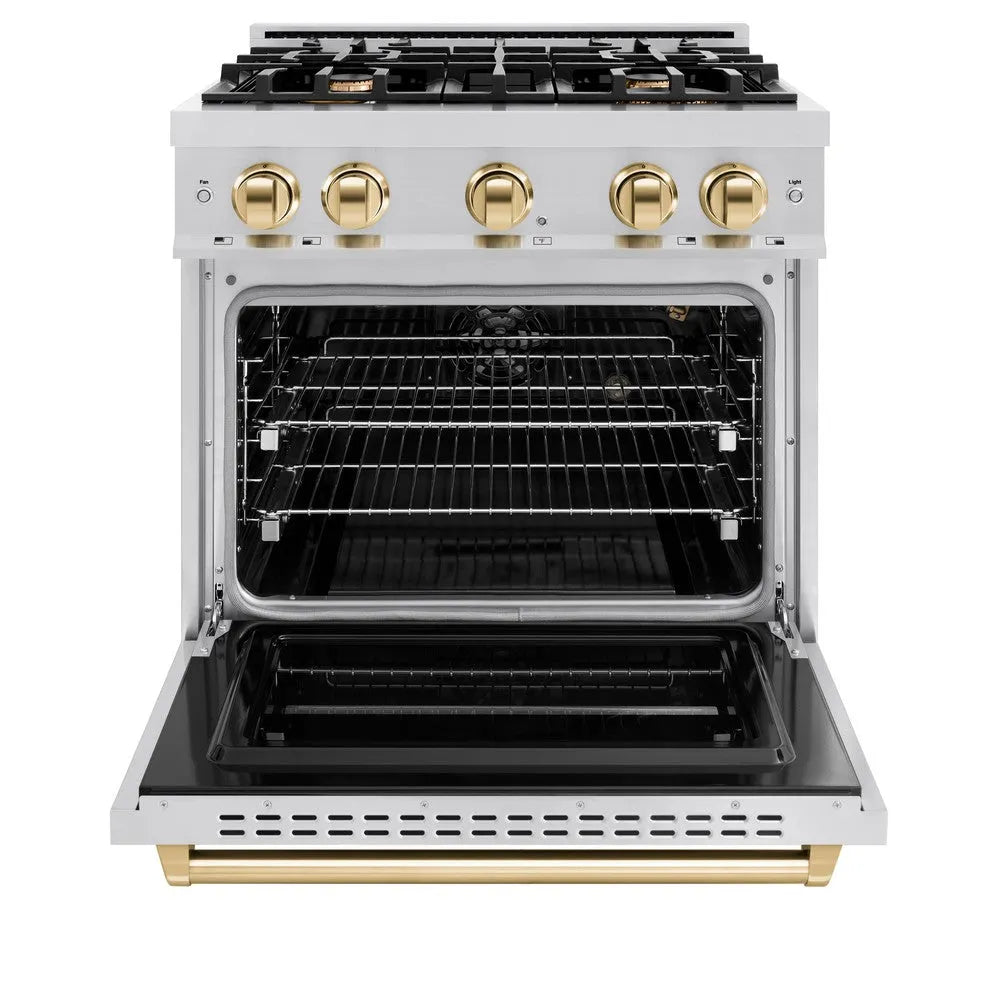 ZLINE Autograph Edition 30 in. 4.2 cu. ft. Classic Gas Range with 4 Burner Cooktop and Convection Gas Oven in Stainless Steel and Polished Gold Accents (CGRZ-30-G) front, oven open.