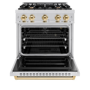 ZLINE Autograph Edition 30 in. 4.2 cu. ft. Classic Gas Range with 4 Burner Cooktop and Convection Gas Oven in Stainless Steel and Polished Gold Accents (CGRZ-30-G) front, oven open.