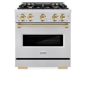 ZLINE Autograph Edition 30 in. 4.2 cu. ft. Classic Gas Range with 4 Burner Cooktop and Convection Gas Oven in Stainless Steel and Polished Gold Accents (CGRZ-30-G) front, oven closed.