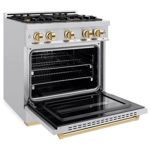 ZLINE Autograph Edition 30 in. 4.2 cu. ft. Classic Gas Range with 4 Burner Cooktop and Convection Gas Oven in Stainless Steel and Polished Gold Accents (CGRZ-30-G) side, oven open.