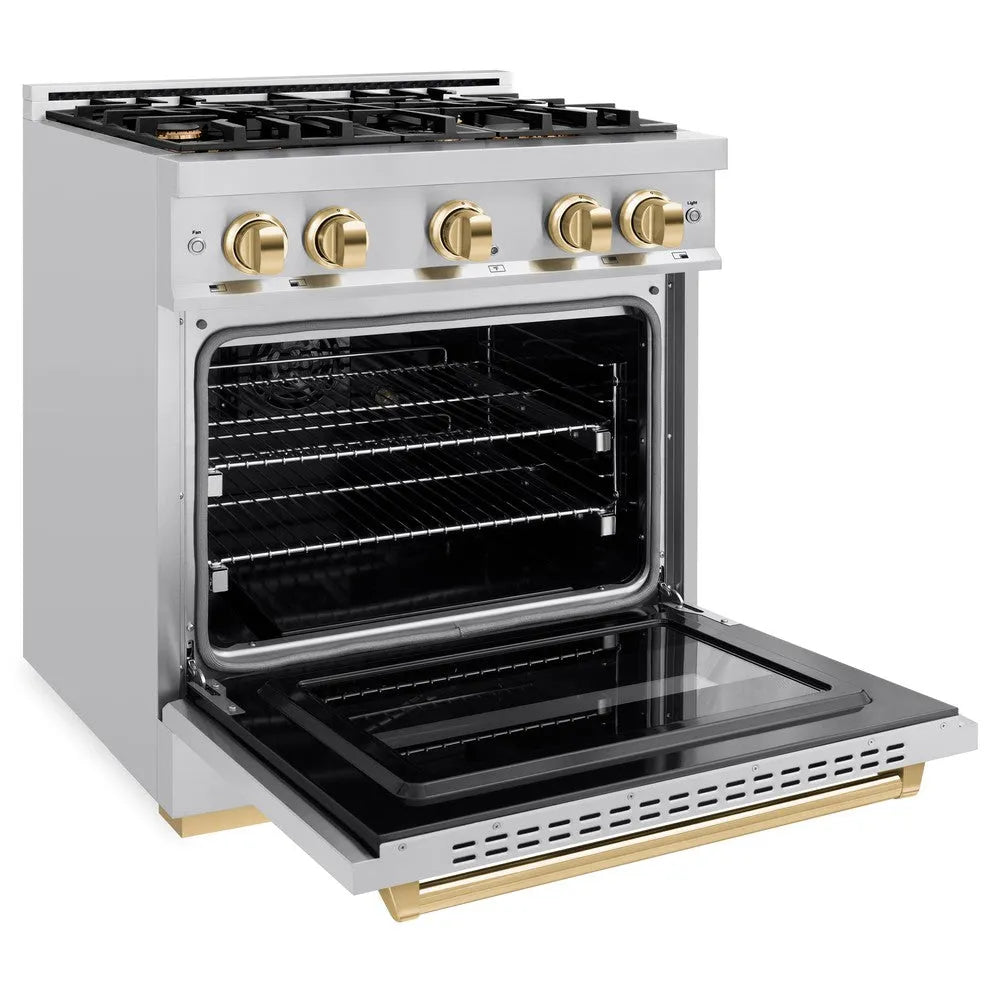ZLINE Autograph Edition 30 in. 4.2 cu. ft. Classic Gas Range with 4 Burner Cooktop and Convection Gas Oven in Stainless Steel and Polished Gold Accents (CGRZ-30-G) side, oven open.