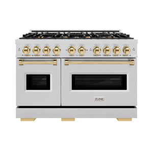 ZLINE Autograph Edition 48 in. 6.7 cu. ft. Classic Double Oven Gas Range with 8 Burner Cooktop in Stainless Steel and Polished Gold Accents (CGRZ-48-G) front.