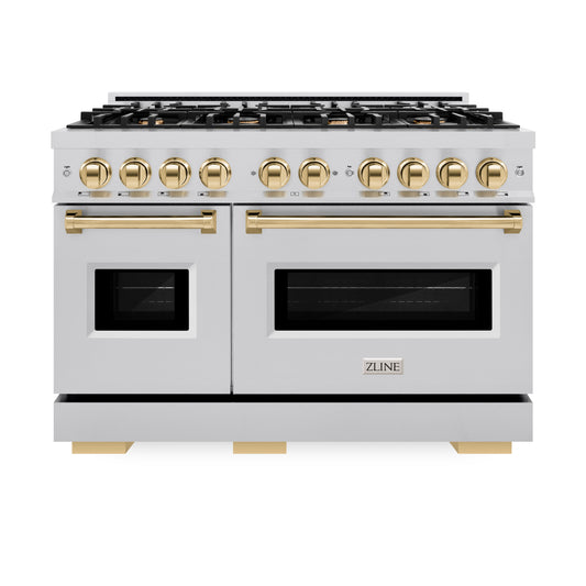 ZLINE Autograph Edition 48 in. 6.7 cu. ft. Classic Double Oven Gas Range with 8 Burner Cooktop in Stainless Steel and Polished Gold Accents (CGRZ-48-G)