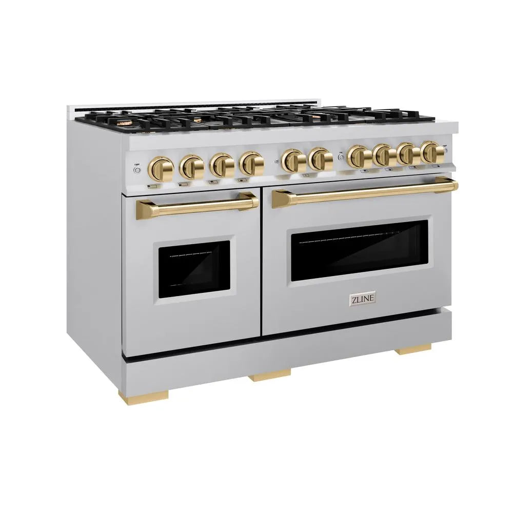 ZLINE Autograph Edition 48 in. 6.7 cu. ft. Classic Double Oven Gas Range with 8 Burner Cooktop in Stainless Steel and Polished Gold Accents (CGRZ-48-G) main image.