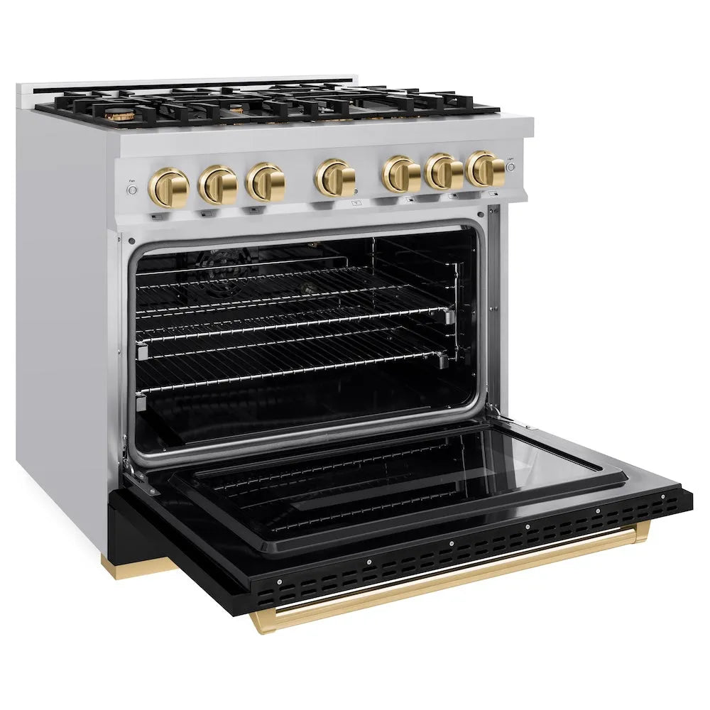 ZLINE Autograph Edition 36 in. 5.2 cu. ft. Classic Gas Range with 6 Burner Cooktop and Convection Gas Oven in Stainless Steel with Black Matte Door and Polished Gold Accents (CGRZ-BLM-36-G) side, oven open.