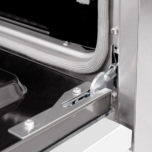 ZLINE 30 in. 4.2 cu. ft. Classic Dual Fuel Range with 4 Burner Gas Cooktop and Electric Convection Oven in Stainless Steel with White Matte Door (CDR-WM-30) close-up, StayPut oven door hinge.