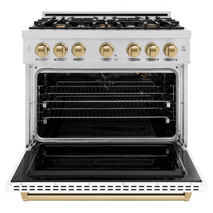 ZLINE Autograph Edition 36 in. 5.2 cu. ft. Classic Gas Range with 6 Burner Cooktop and Convection Gas Oven in Stainless Steel with White Matte Door and Champagne Bronze Accents (CGRZ-WM-36-CB) front, oven open.
