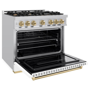 ZLINE Autograph Edition 36 in. 5.2 cu. ft. Classic Gas Range with 6 Burner Cooktop and Convection Gas Oven in Stainless Steel with White Matte Door and Champagne Bronze Accents (CGRZ-WM-36-CB) side, oven open.