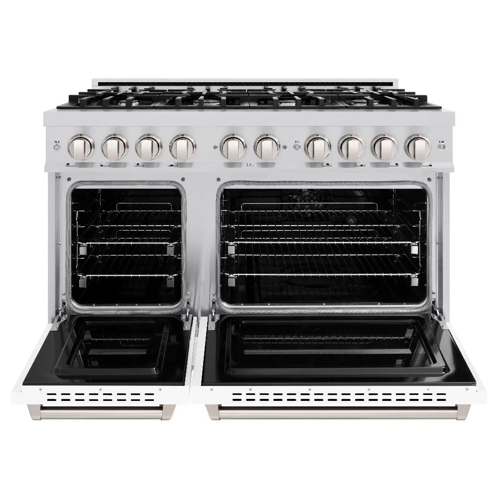 ZLINE 48 in. 6.7 cu. ft. Classic Double Oven Gas Range with 8 Burner Cooktop in Stainless Steel with White Matte Doors (CGR-WM-48) front, oven open.