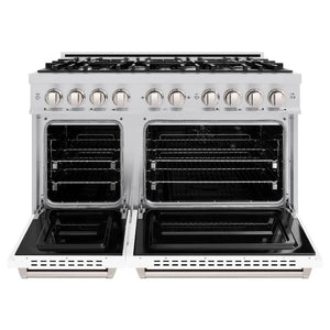 ZLINE 48 in. 6.7 cu. ft. Classic Double Oven Gas Range with 8 Burner Cooktop in Stainless Steel with White Matte Doors (CGR-WM-48) front, oven open.