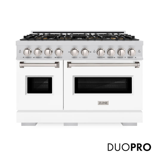 ZLINE 48 in. 6.7 cu. ft. Classic Dual Fuel Range with 8 Burner DuoPro™ Cooktop and Dual Ovens with White Matte Doors (PCDR-WM-48) front, with DuoPro™ logo.