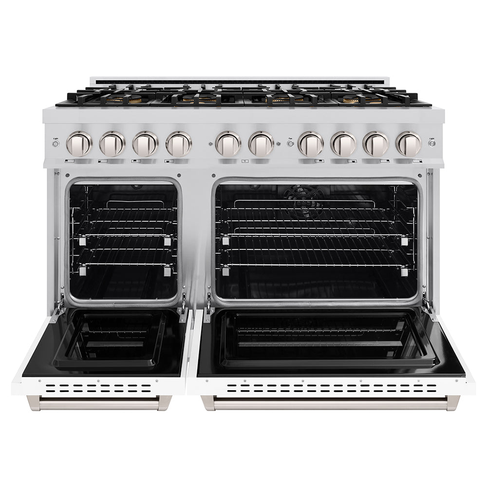 ZLINE 48 in. 6.7 cu. ft. Classic Dual Fuel Range with 8 Burner DuoPro™ Cooktop and Dual Ovens with White Matte Doors (PCDR-WM-48) front, oven open.