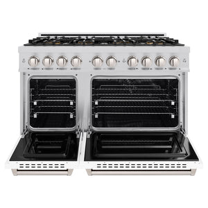 ZLINE 48 in. 6.7 cu. ft. Classic Dual Fuel Range with 8 Burner DuoPro™ Cooktop and Dual Ovens with White Matte Doors (PCDR-WM-48) front, oven open.