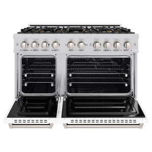 ZLINE 48 in. 6.7 cu. ft. Classic Dual Fuel Range with 8 Burner DuoPro™ Cooktop and Dual Ovens with White Matte Doors (PCDR-WM-48) front, oven open.