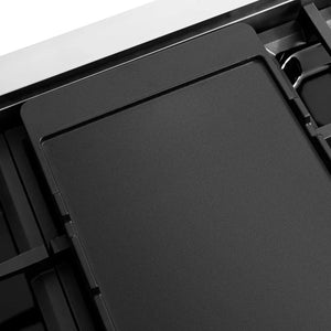 ZLINE 48 in. 6.7 cu. ft. Classic Dual Fuel Range with 8 Burner DuoPro™ Cooktop and Dual Ovens with White Matte Doors (PCDR-WM-48) reversible griddle flat side.