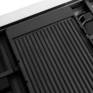 ZLINE 48 in. 6.7 cu. ft. Classic Dual Fuel Range with 8 Burner DuoPro™ Cooktop and Dual Ovens with White Matte Doors (PCDR-WM-48) reversible griddle ribbed side.
